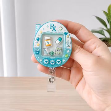 Tamagotchi Rx Pharmacy Shaker Badge Reel, Kawaii Rx Pill ID Holder, Pharmacy Technician Gift, Retro Pixel Badge, Pill Pharmacist Shaker Reel