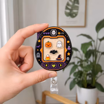 Halloween Shaker Badge Reel, Tamagotchi Shaker Badge Reel, Pixel Art Badge Clip, Cute Ghost Pumpkin Bat, Kawaii Nurse Teacher ID Holder