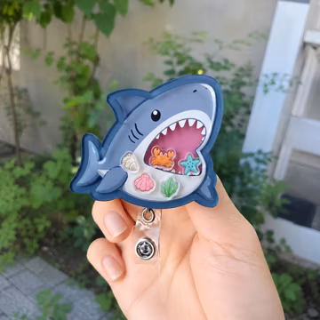 Kawaii Shark Shaker Badge, Ocean Badge Reel, Sea Life ID Holder, Shark Lover Gift, Marine Animal Nurse Teacher Badge Reel, Shark Keychain