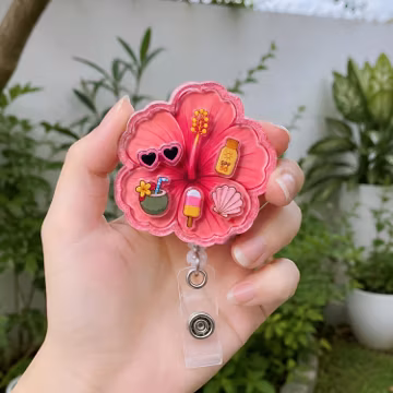 Hibiscus Shaker Badge Reel, Tropical Flower Badge Reel, Summer Nurse Badge Holder, Hawaiian Beach Vacation Badge, Kawaii Floral ID Holder