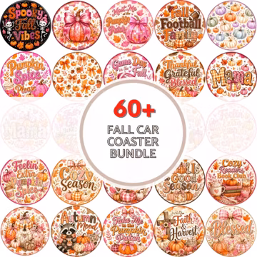 60+ Fall Car Coaster PNG Bundle, Autumn Pumpkin Sublimation Designs, Round Cup Holder Coaster Digital Download