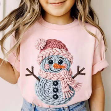 Christmas Crochet Shirt Faux Yarn Crochet Snowman Tshirt Girls Christmas Shirt Toddler Christmas Snowman Pink Snowman Toddler Xmas Shirt