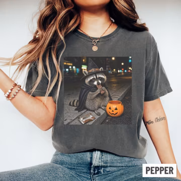 Comfort Colors Witch Raccoon Shirt, Funny Halloween Meme Tee, Feral Raccoon Tee, Raccoon Lover Gift, Spooky Season T-Shirt