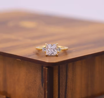 Princess Cut Moissanite Engagement Ring, Round Side Diamonds Ring, Three Stone Wedding Ring, Unique Four Prong Set Ring, Anniversary Gift