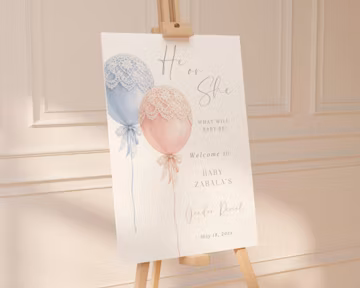 Lace Balloon Gender Reveal Welcome Sign Template, He or She Baby Reveal Decor, Pop On Over Poster, Editable Canva Template, Digital Download