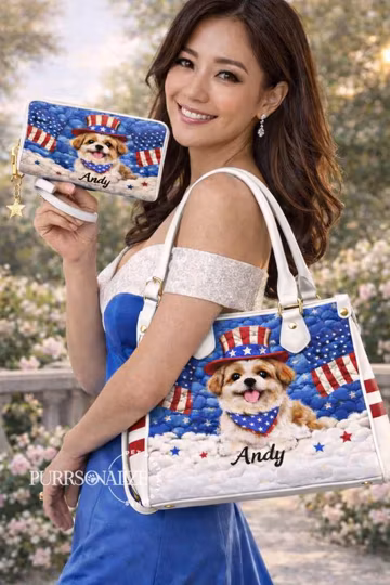 Custom Dog Cat Portrait Handbag, Wallet Set America 250, Personalized Pet Photo Bag, Patriotic Dog Mom Gift, 1776 2026 Anniversary Gift