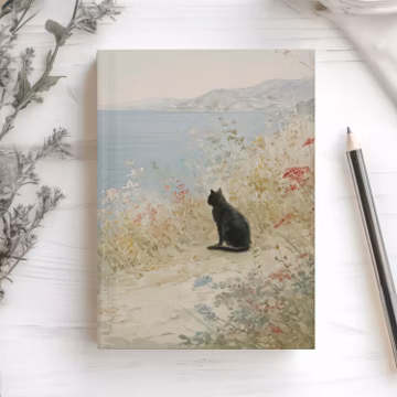 Black Cat Seaside Journal Hardcover Vintage Style Watercolor Notebook for Cat Lovers Kitty Coastal Diary Gift Stationery - 150 Lined Pages