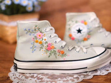 Sage Green Embroidered Converse, Floral Wedding Shoes