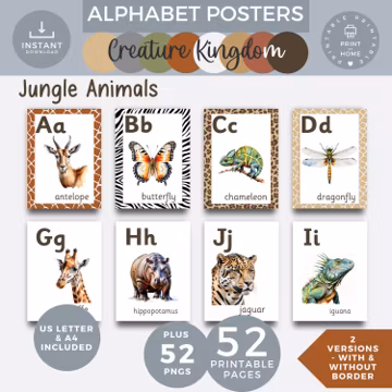 Jungle Animals Alphabet Posters, Animal Print & Plain Versions, A-Z Classroom Decor, Jungle Safari Theme ABC Wall Art for Kids, Zoo Animals