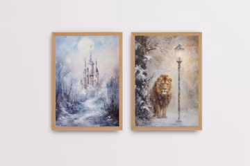 Lion and lamppost print gallery set, winter wall art, witch castle, Oil painting wall decor, Printable digital download