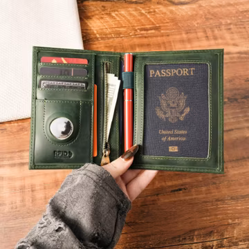 Personalized Leather Passport Holder with AirTag Slot, RFID Travel Wallet, Custom Engraved Gift for Dad, Husband, Traveler