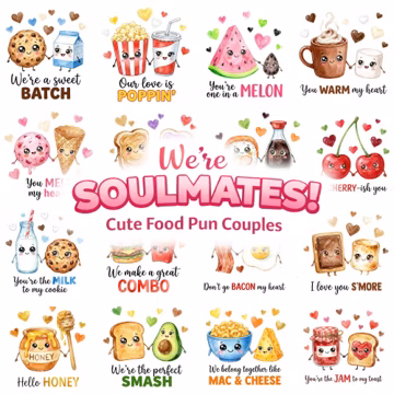 40 Kawaii Food Pun PNG Bundle, Valentine Sublimation Designs, Funny Couple Sticker Art