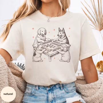 Dogs playing Mahjong Bella Canvas 3001 shirt, retro Chinese tile game outfit, Mah Jong player gift, dog grandma tee, senior games top