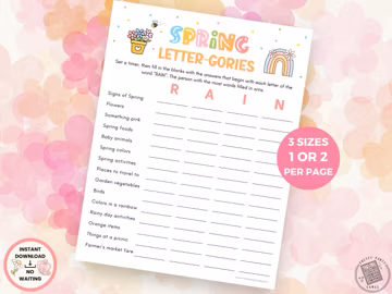 Spring Name 4 Letter-Gories Word Game, Springtime Games for Kids Teens & Adults, Fun Office Party Games, Brain Games, Instant Download PDF