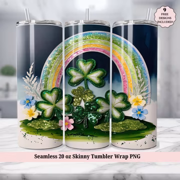 St Patrick's Day Shamrock Tumbler Wrap PNG, Cute Irish Clover Spring Floral Lucky Rainbow Seamless 20oz Skinny Sublimation, Digital Download