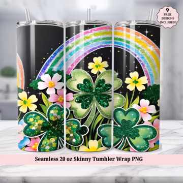 St Patrick's Day Shamrock Tumbler Wrap PNG, Cute Irish Clover Spring Floral Lucky Rainbow Seamless 20oz Skinny Sublimation, Digital Download