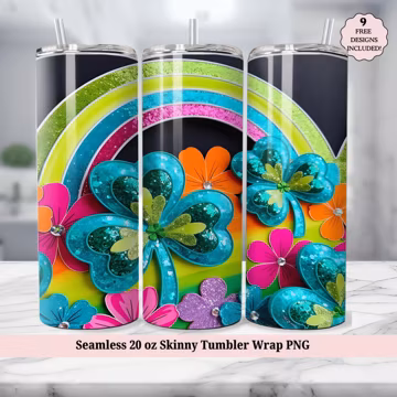 St Patrick's Day Shamrock Tumbler Wrap PNG, Cute Irish Clover Spring Floral Lucky Rainbow Seamless 20oz Skinny Sublimation, Digital Download