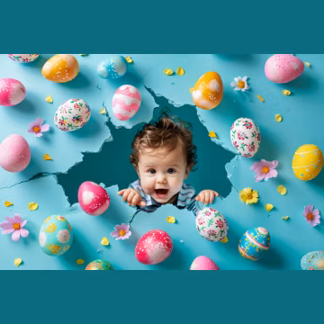 Easter Spring Photography Digital Backdrop: Colorful Eggs, Floral Broken Wall, Funny Photo Background (JPEG)