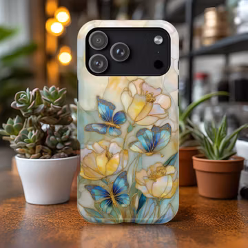 Spring Tulip Phone Case, Floral Faux Stained Glass Butterfly Phone Cover, Pastel Flower MagSafe Compatible Case for iPhone 17 16 15 14 13