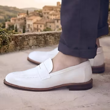 Men's White Leather Penny Loafers: Handmade Slip-On Dress Shoes for Formal Occasions