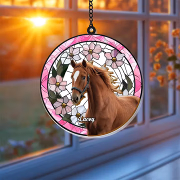 Custom Horse Stained Glass Suncatcher, Pet Sun Hanging Catcher Decor, Memorial Stained Glass,Personalized Horse Lover Gift,Horse Lover Gift