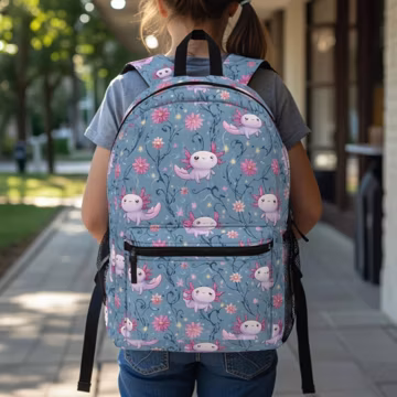 Kawaii Axolotl Backpack | Floral Print, Lightweight