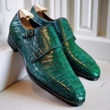 Men's Green Crocodile Embossed Double Monk Strap Shoes Handmade Leather Wedding Formal Business Oxford Luxury