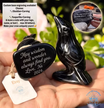 Natural Obsidian Crow Figurine - Miniature Stone Raven Bird Statue Home Decor - Pocket Guardian Custom Engraving - Gift for Her Him