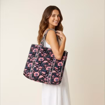 Floral Print Cotton Tote Bag | Handmade Quilted Market Bag | Large Travel Bag | Eco Friendly Everyday Tote Handmade Gift for Her | Bags
