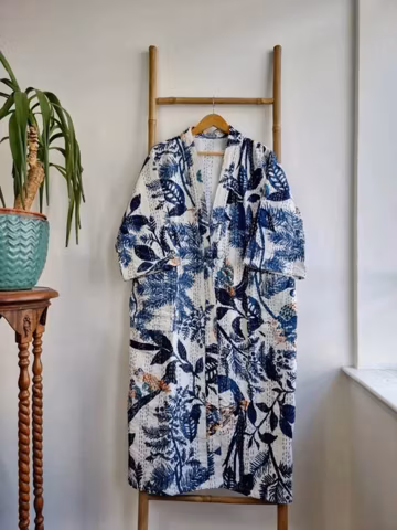 Handmade Floral Kantha Quilted Kimono, Long Cotton Robe