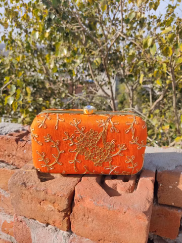 Orange Embroidered Evening Clutch with Chain, Zari Work Party Bag
