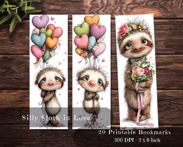 Silly Sloth in Love Printable Bookmark Bundle | Valentine's Day Book Lover Gift (Digital Download)