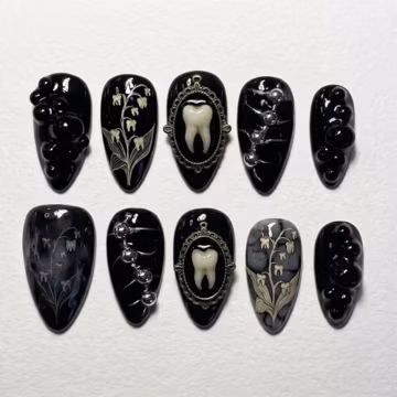 Gothic Tooth Press On Nails | Dark Anatomy Inspired | Black Almond Nails | Lily of the Valley, Pearl, Tooth Nail Art | 3D Handmade Nails