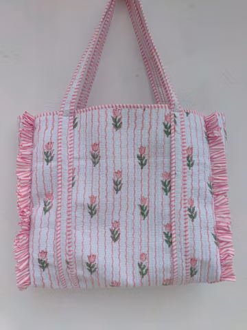 Hand Block Print Quilted Tote Bag,Beautiful Quilted Grocery Bag Handmade Cotton Quilted Travel Bag Decorative Shoulder Bag Gifts For Friends