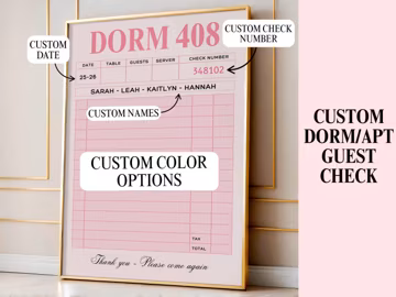 CUSTOM Guest Check Dorm Room Poster, Welcome To Our Dorm, Roomie Gift, Preppy Apartment Decor, Aesthetic Personalized College Apartment Art