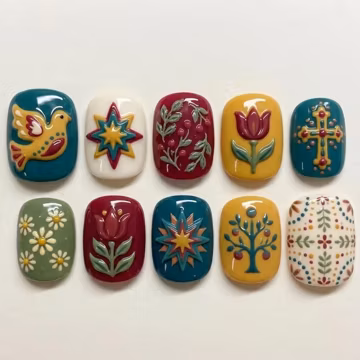 Handmade Scandinavian Folk Press On Nails, 3D Nordic Floral Bird False Nails Swedish Folk Art Nail Set