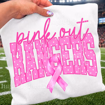 Rangers Pink Out PNG, Polka Dot Rangers Mascot PNG, Breast Cancer Awareness Shirt Design, Pink Ribbon Sublimation File