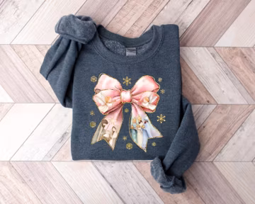 Jesus Christmas Coquette Bow Sweatshirt, Christian Christmas, Nativity Scene, Baby Jesus, Bible Verse, Glitter Bow Shirt, Pink Coquette Bow