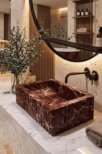 Rosso Levanto Marble Fluted Vessel Sink | Handmade Natural Stone Vanity Basin | Luxury Red Marble Bathroom Sink