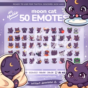 Moon Cat Emotes (50) - Kawaii Chibi Kitty Twitch Discord - Purple Black Anime Streaming Chat