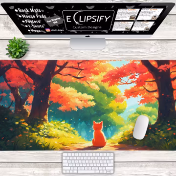 Orange Cat Mouse Pad, Kawaii Desk Mat, Cat Desk Mat, Animal Mouse Pad, Forest, Gamer Mouse Pad, Gamer Desk Mat
