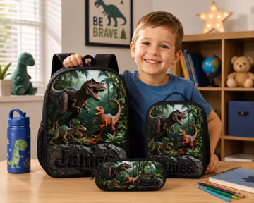 Custom Name Dinosaur Backpack Set, 3pc School Bag Set