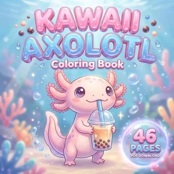 Axolotl Coloring Book Printable, 46 Kawaii Chibi Ocean Pages, PDF Instant Download, Kids Adults