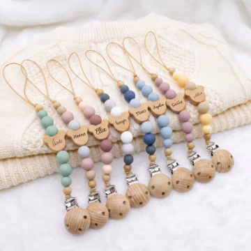 Personalized Baby Pacifier Clip | Silicone & Wood Beads, Custom Name, Baby Shower Gift, Minimalist Baby Accessory, Nontoxic Baby Toy