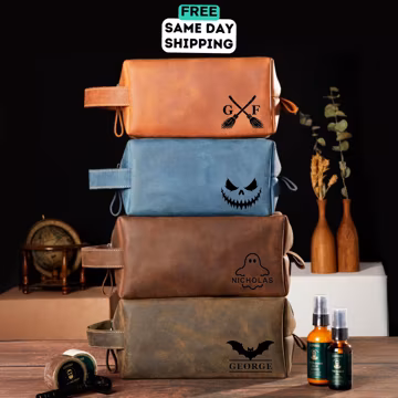 Personalized Leather Dopp Kit: Halloween Toiletry Bag, Fall Wedding Decor, Custom Toiletry Bag, Gift for Him, Vintage Halloween Decor