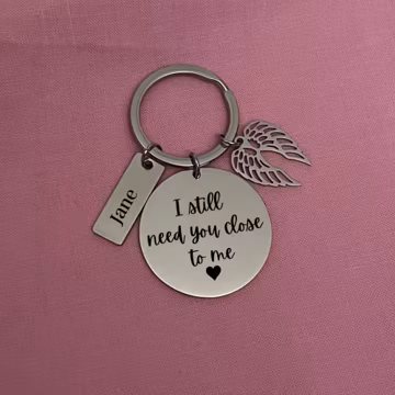 Personalized Memorial Keychain: Stainless Steel Angel Wings Charm