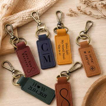 Personalised Leather Keyring - Custom Engraved Message Keychain, Gift for Him Her, Christmas, Birthday, Wedding, Anniversary Gift