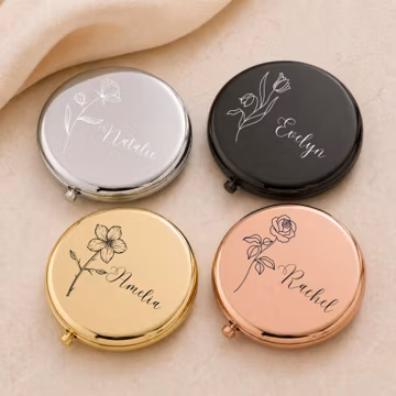 Personalised Compact Mirror – Custom Birth Flower Engraved Gift for Her, Bridesmaid, Wedding, or Birthday Keepsake
