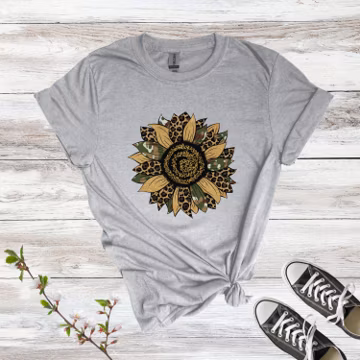 Leopard Sunflower T-Shirt: Military Camo Print, Women's Gift