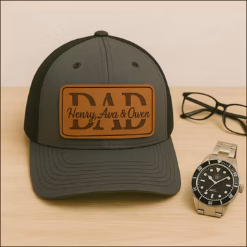 Personalized Dada Leather Patch Hat, Custom Dad Hat with Kids Names, Engraved Leather Patch Trucker Cap for Dad, Father's Day 2026 Gift